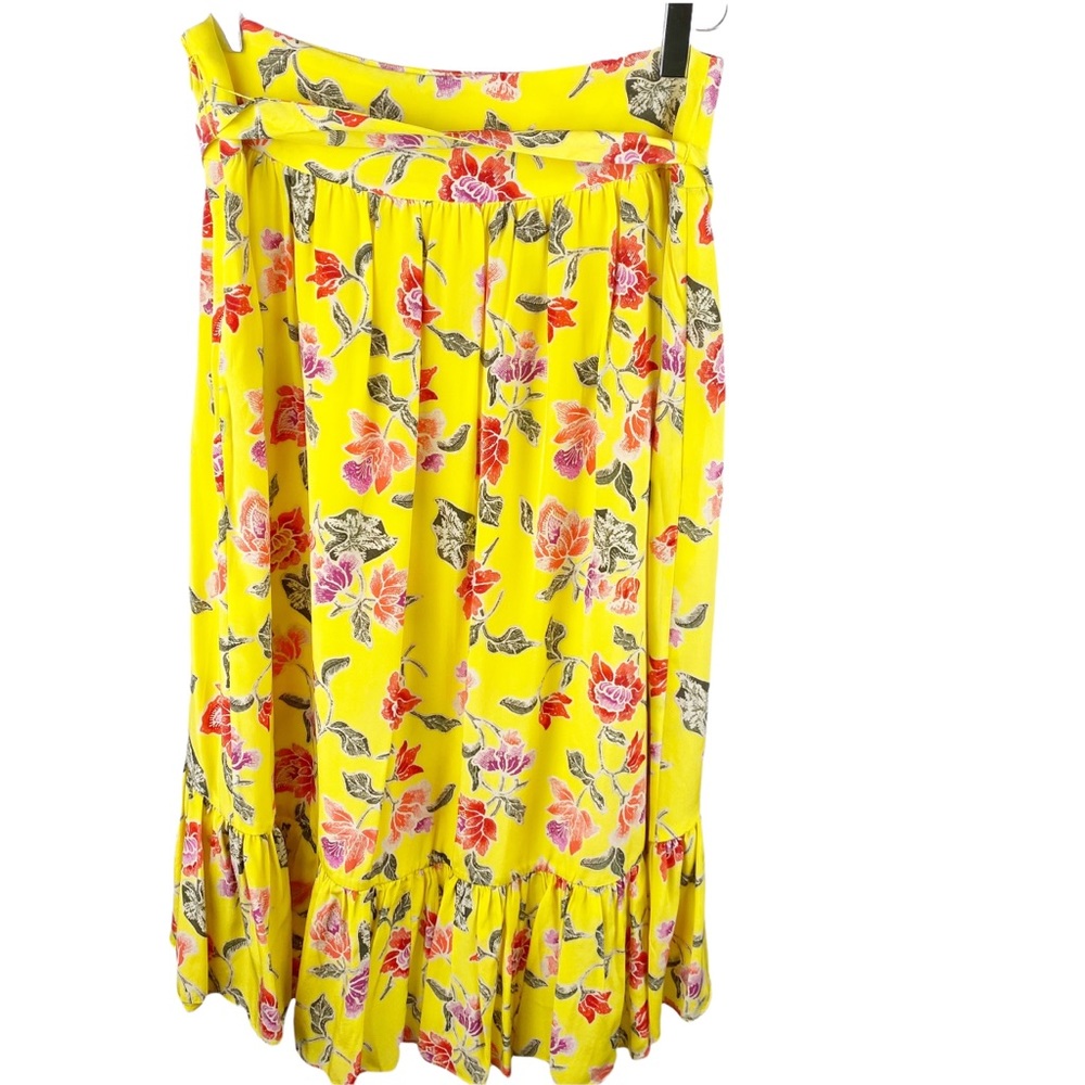 JOIE Yellow Ruffle Faux Wrap Floral SILK Midi Skirt with Tie Size 6 - Picture 5 of 11